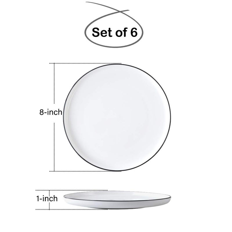 BonNoces 8 Inch Porcelain Lunch Plates, White with Black Edges Dessert Plate, Classic Round Serving Plate for Steak, Pasta and Salad, Set of 6 - Image 2